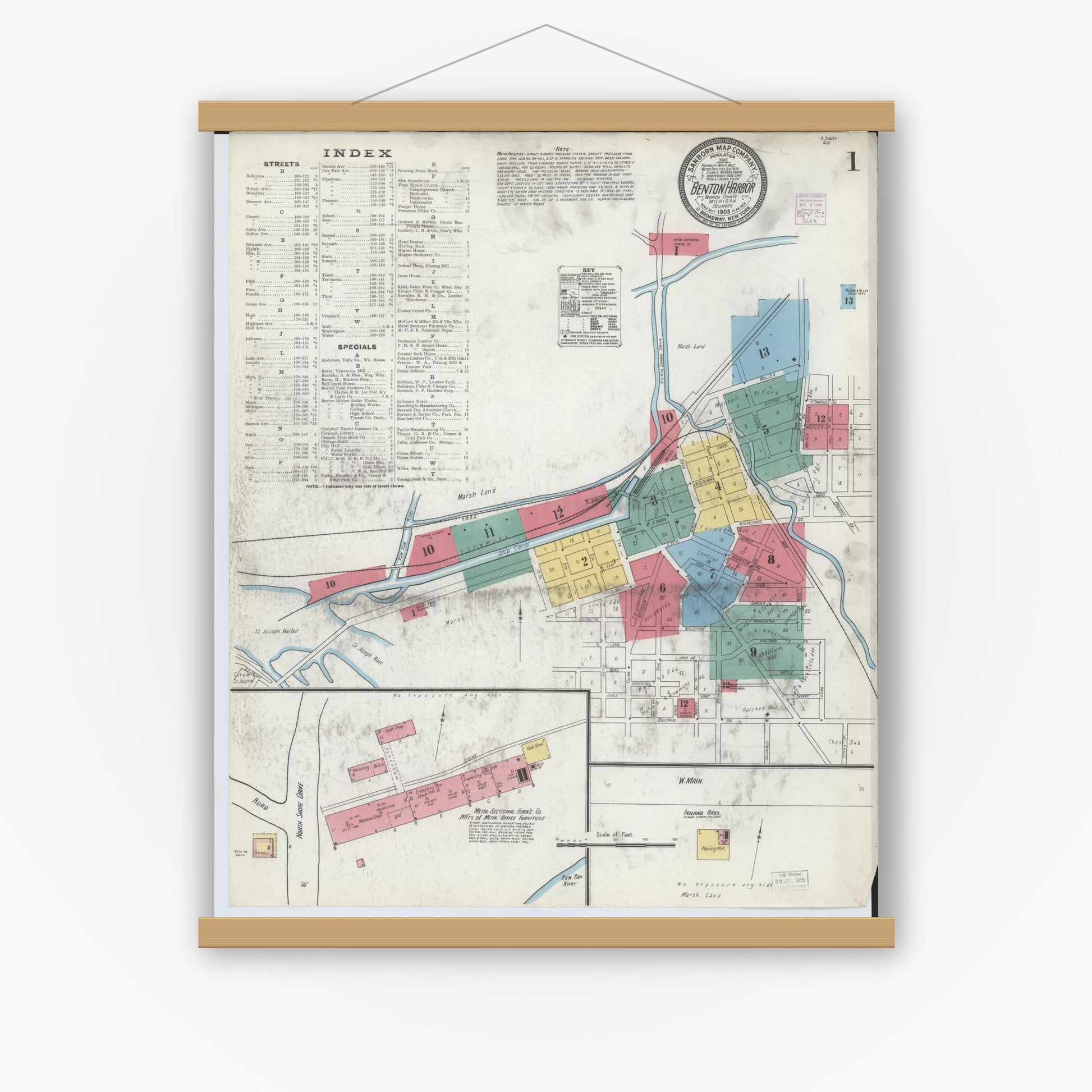 Old map wall art mockup — magnetic wood frame on white wall — Sanborn Fire Insurance Map from Benton Harbor, Berrien County, Michigan (1905), Sheet #0001