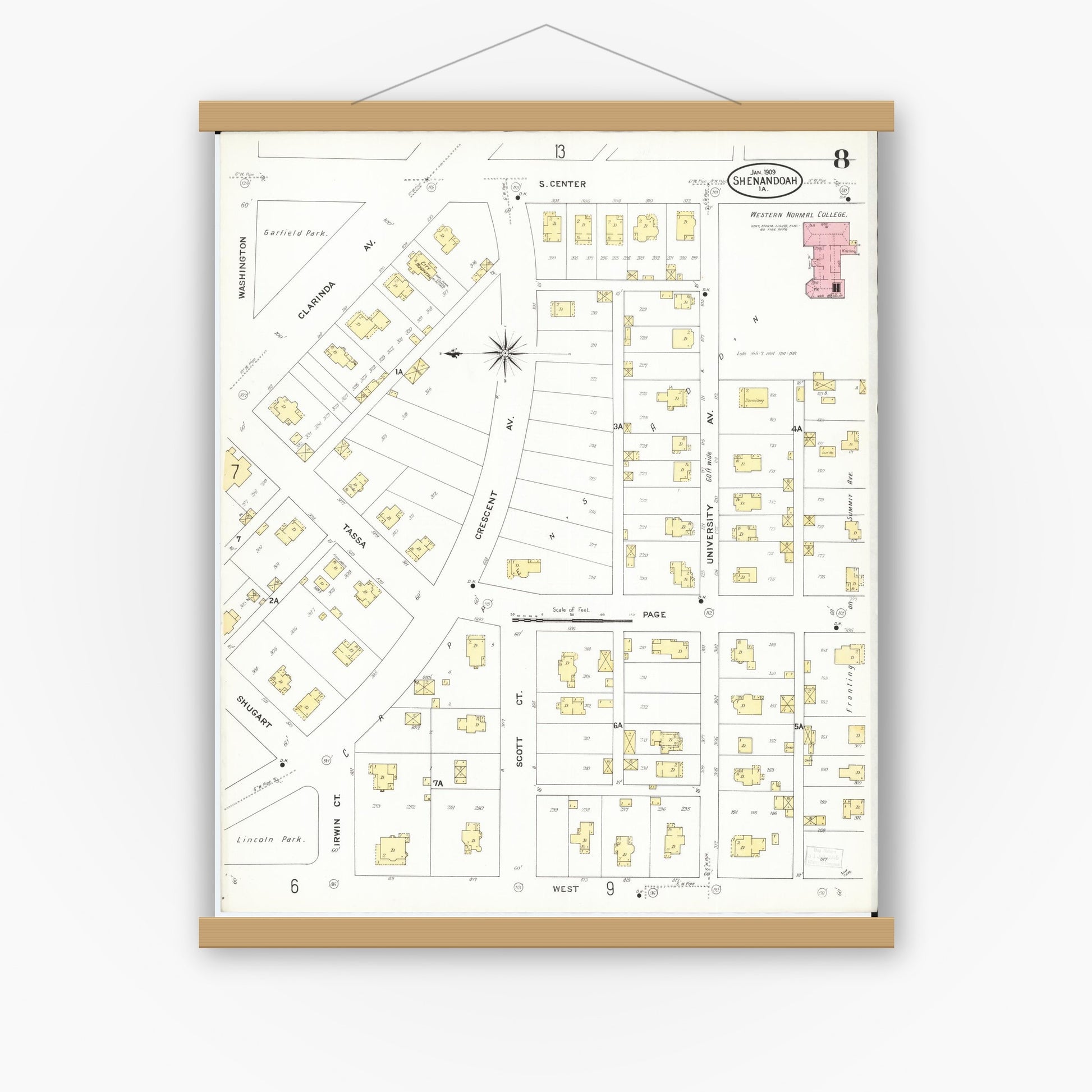 Old map wall art mockup — magnetic wood frame on white wall — Sanborn Fire Insurance Map from Shenandoah, Page County, Iowa (1909), Sheet #0008