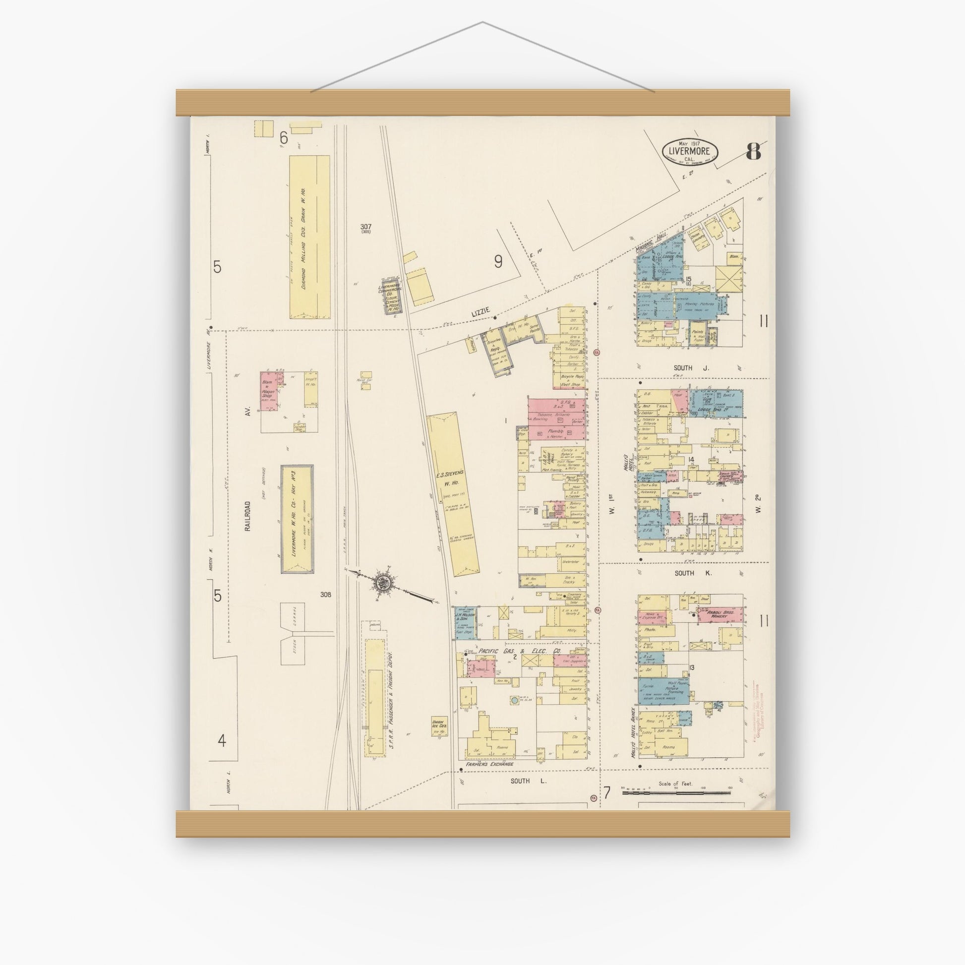 Old map wall art mockup — magnetic wood frame on white wall — Sanborn Fire Insurance Map from Livermore, Alameda County, California (1917), Sheet #0008