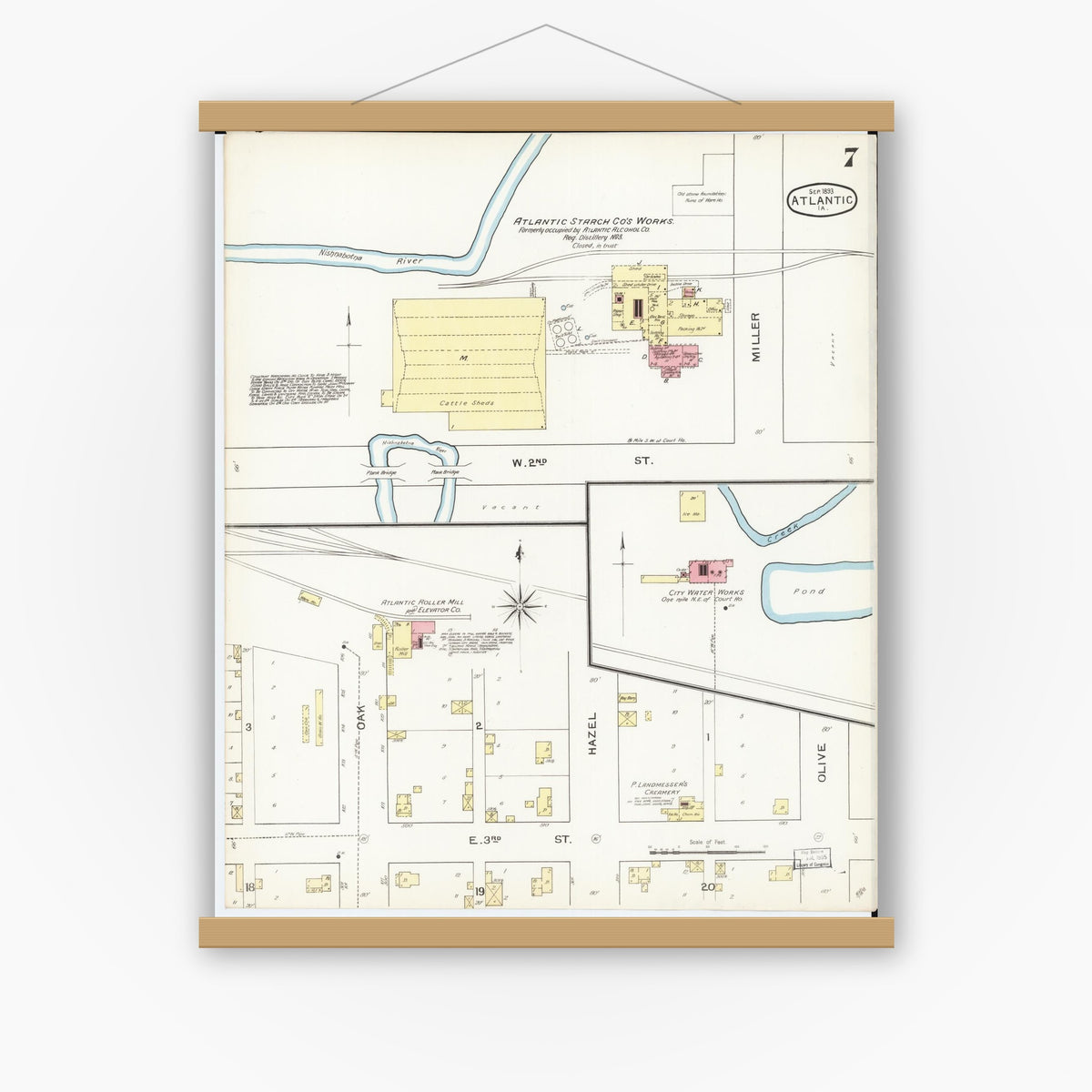 Old map wall art mockup — magnetic wood frame on white wall — Sanborn Fire Insurance Map from Atlantic, Cass County, Iowa (1893), Sheet #0007