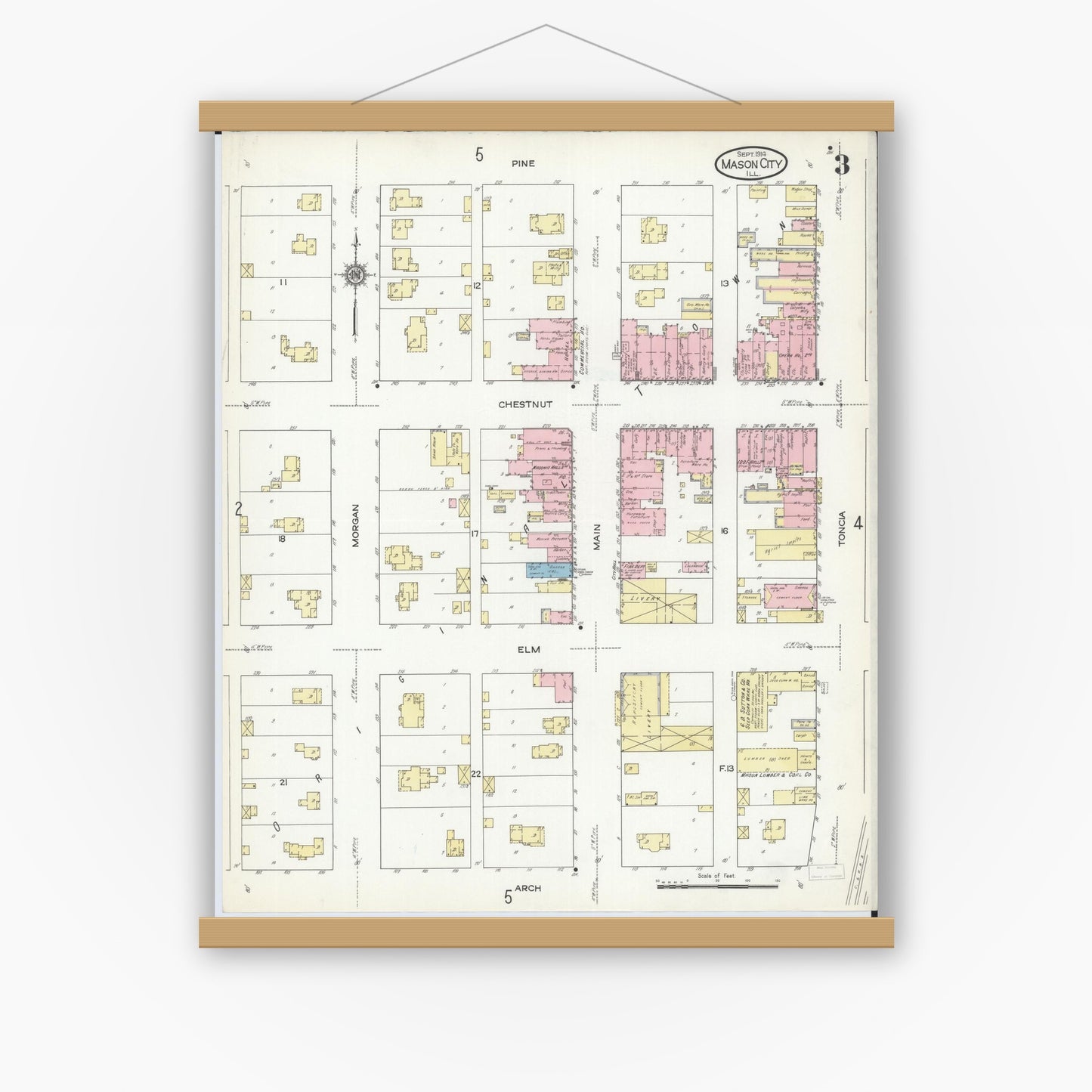 Old map wall art mockup — magnetic wood frame on white wall — Sanborn Fire Insurance Map from Mason City, Mason County, Illinois (1914), Sheet #0003