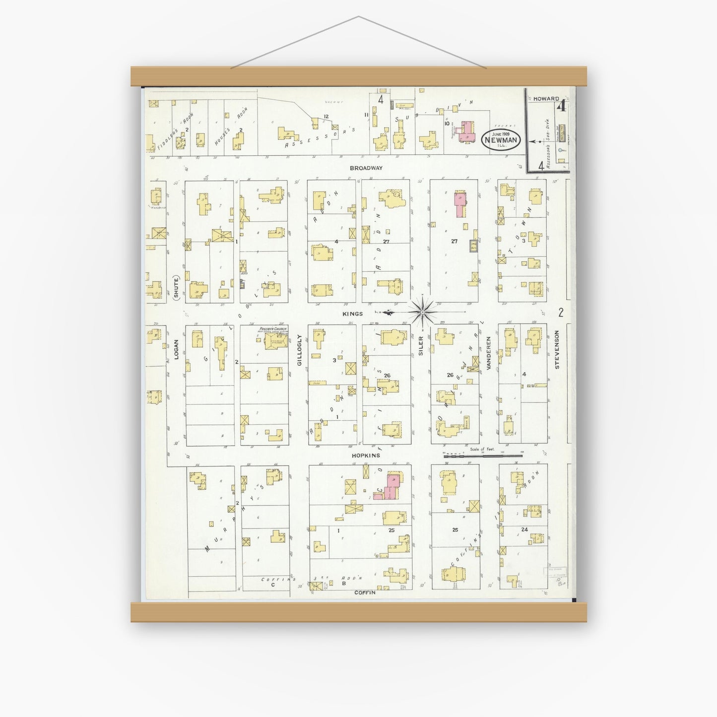 Old map wall art mockup — magnetic wood frame on white wall — Sanborn Fire Insurance Map from Newman, Douglas County, Illinois (1909), Sheet #0004