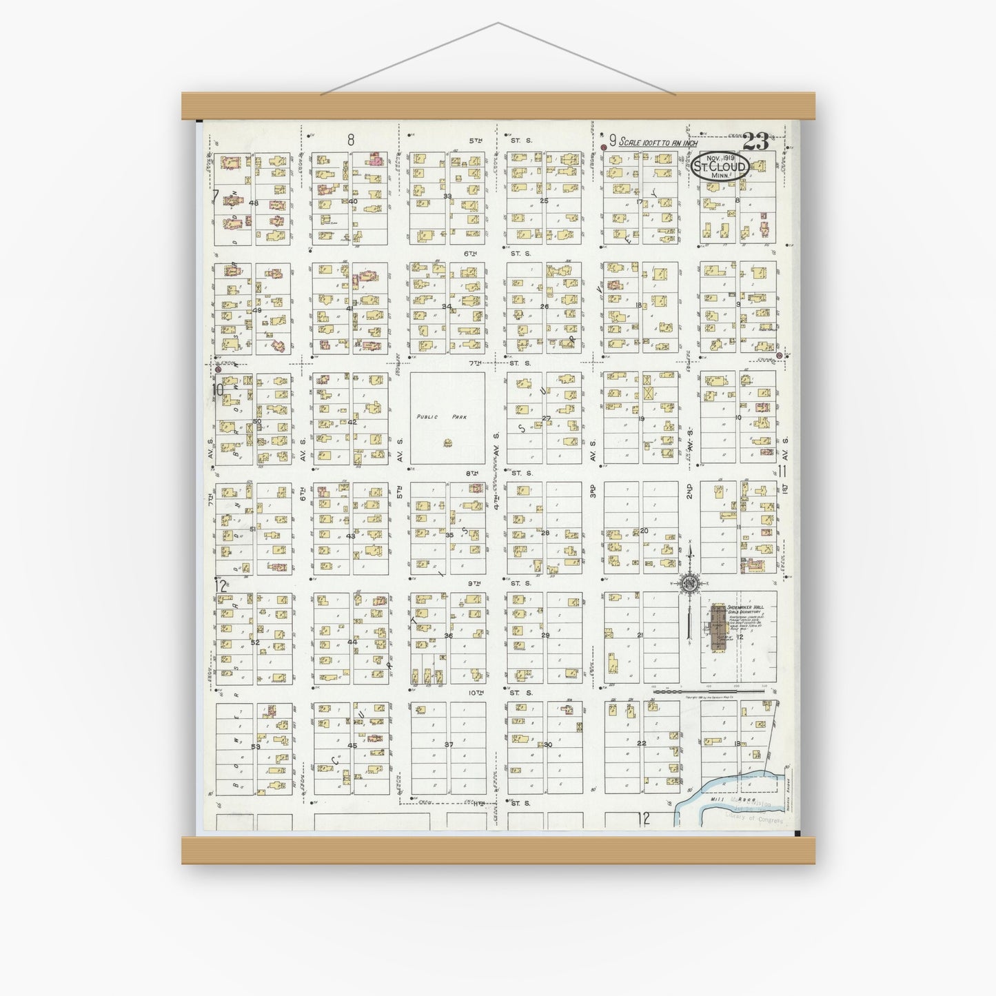 Old map wall art mockup — magnetic wood frame on white wall — Sanborn Fire Insurance Map from Saint Cloud, Stearns, Benton, and Sherburne Counties, Minnesota (1919), Sheet #0023