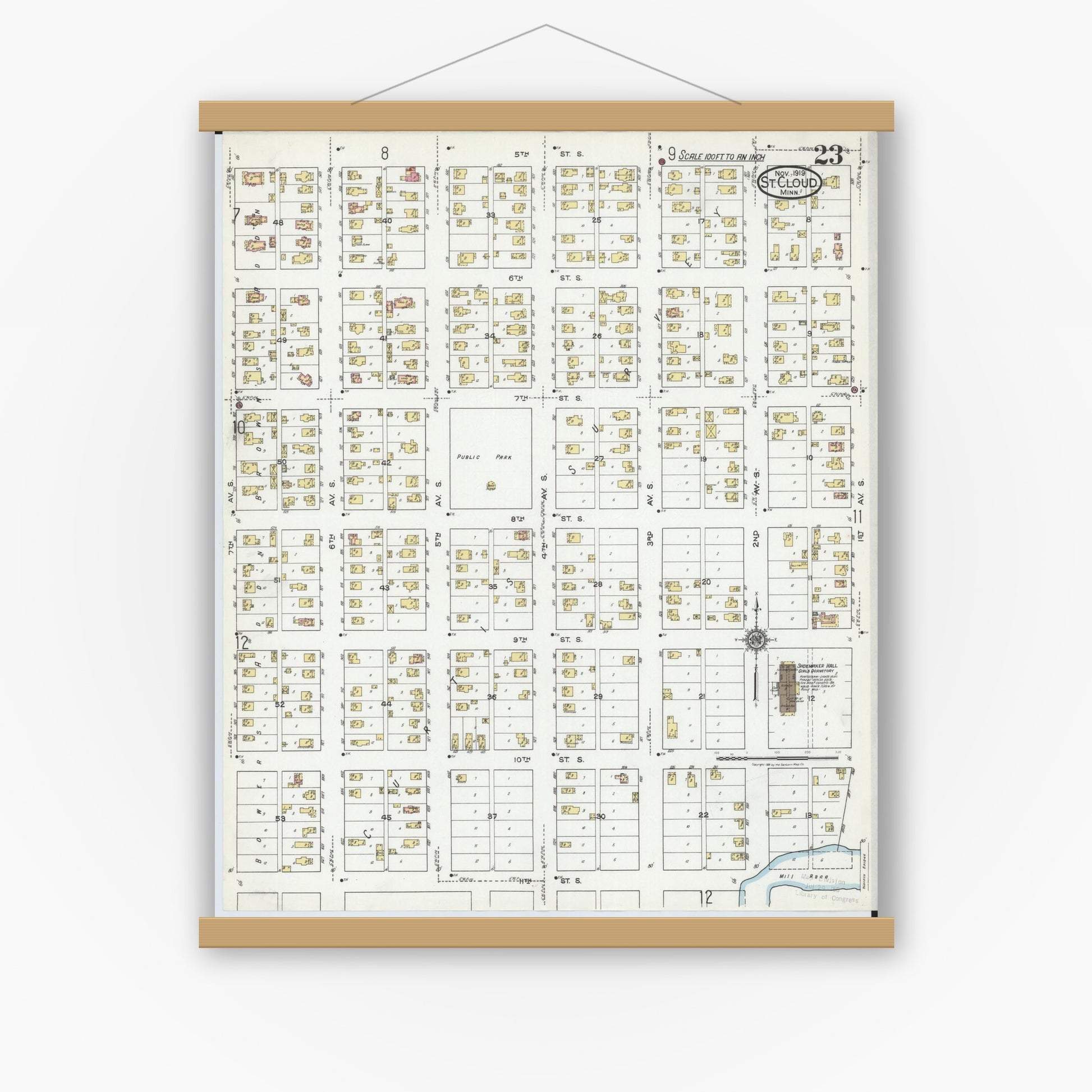 Old map wall art mockup — magnetic wood frame on white wall — Sanborn Fire Insurance Map from Saint Cloud, Stearns, Benton, and Sherburne Counties, Minnesota (1919), Sheet #0023