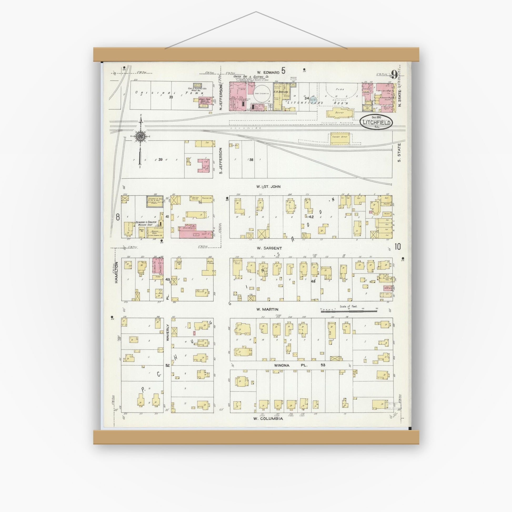 Old map wall art mockup — magnetic wood frame on white wall — Sanborn Fire Insurance Map from Litchfield, Montgomery County, Illinois (1910), Sheet #0009