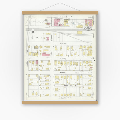 Old map wall art mockup — magnetic wood frame on white wall — Sanborn Fire Insurance Map from Litchfield, Montgomery County, Illinois (1910), Sheet #0009