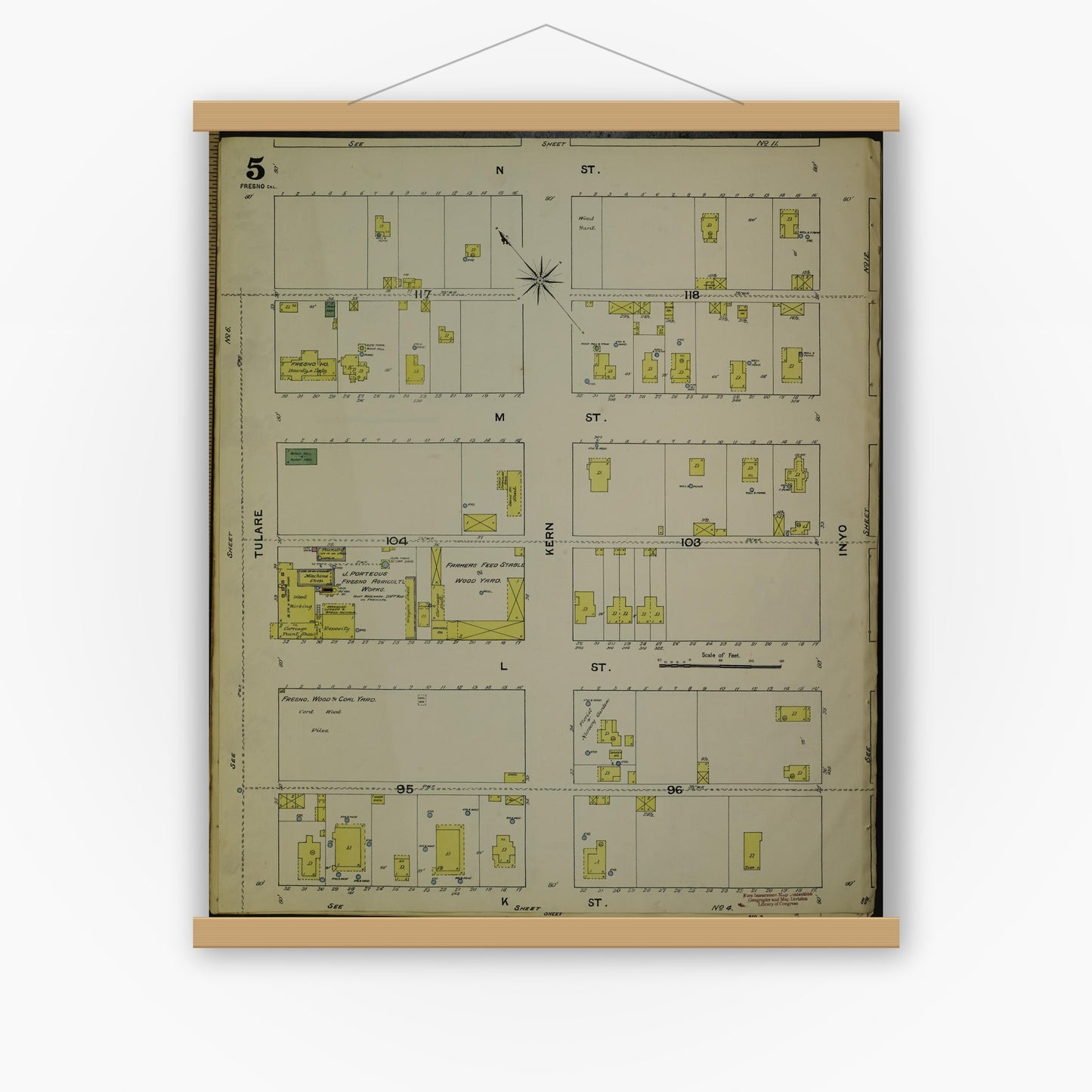Old map wall art mockup — magnetic wood frame on white wall — Sanborn Fire Insurance Map from Fresno, Fresno County, California (1888), Sheet #0005