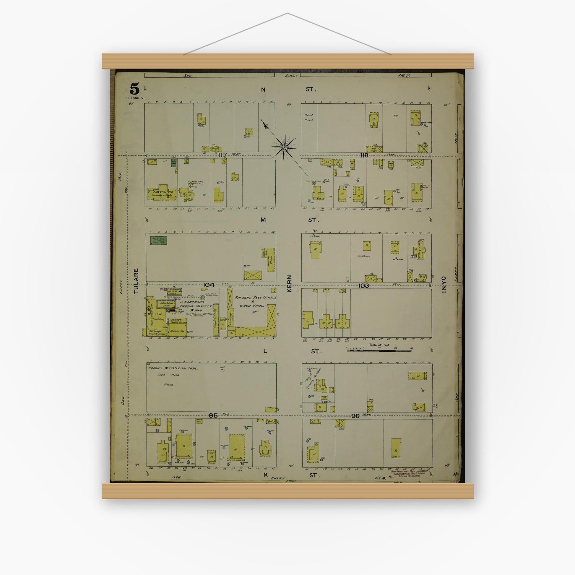 Old map wall art mockup — magnetic wood frame on white wall — Sanborn Fire Insurance Map from Fresno, Fresno County, California (1888), Sheet #0005
