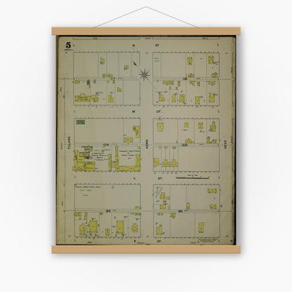 Old map wall art mockup — magnetic wood frame on white wall — Sanborn Fire Insurance Map from Fresno, Fresno County, California (1888), Sheet #0005