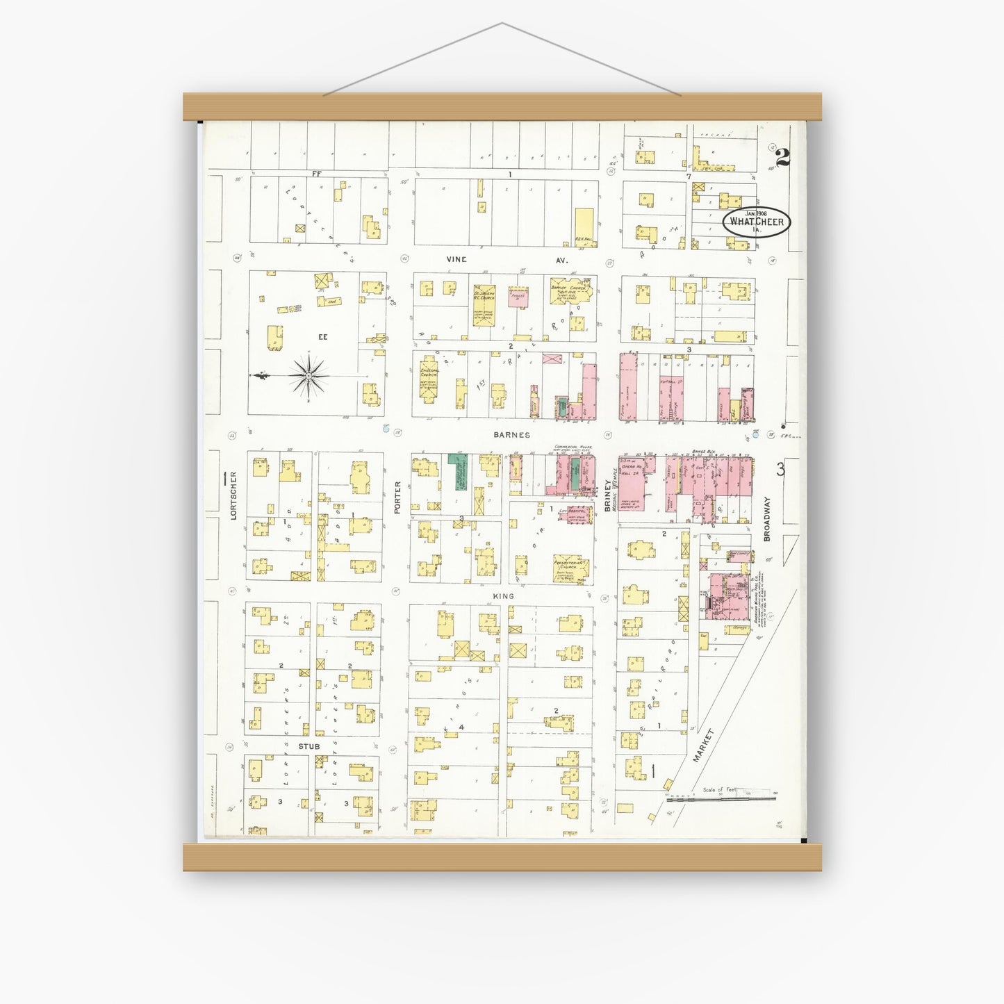 Old map wall art mockup — magnetic wood frame on white wall — Sanborn Fire Insurance Map from What Cheer, Keokuk County, Iowa (1906), Sheet #0002
