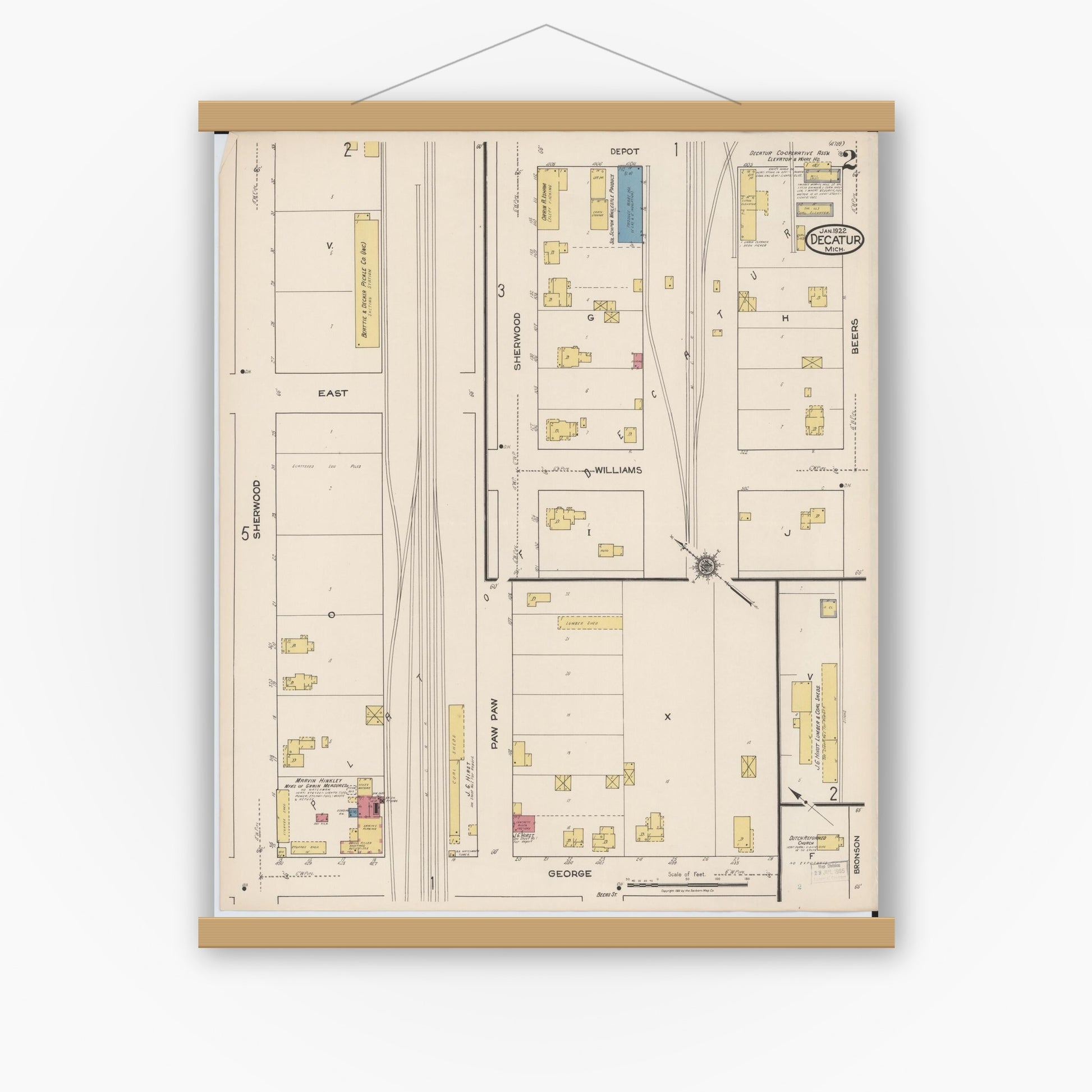 Old map wall art mockup — magnetic wood frame on white wall — Sanborn Fire Insurance Map from Decatur, Van Buren County, Michigan (1922), Sheet #0002
