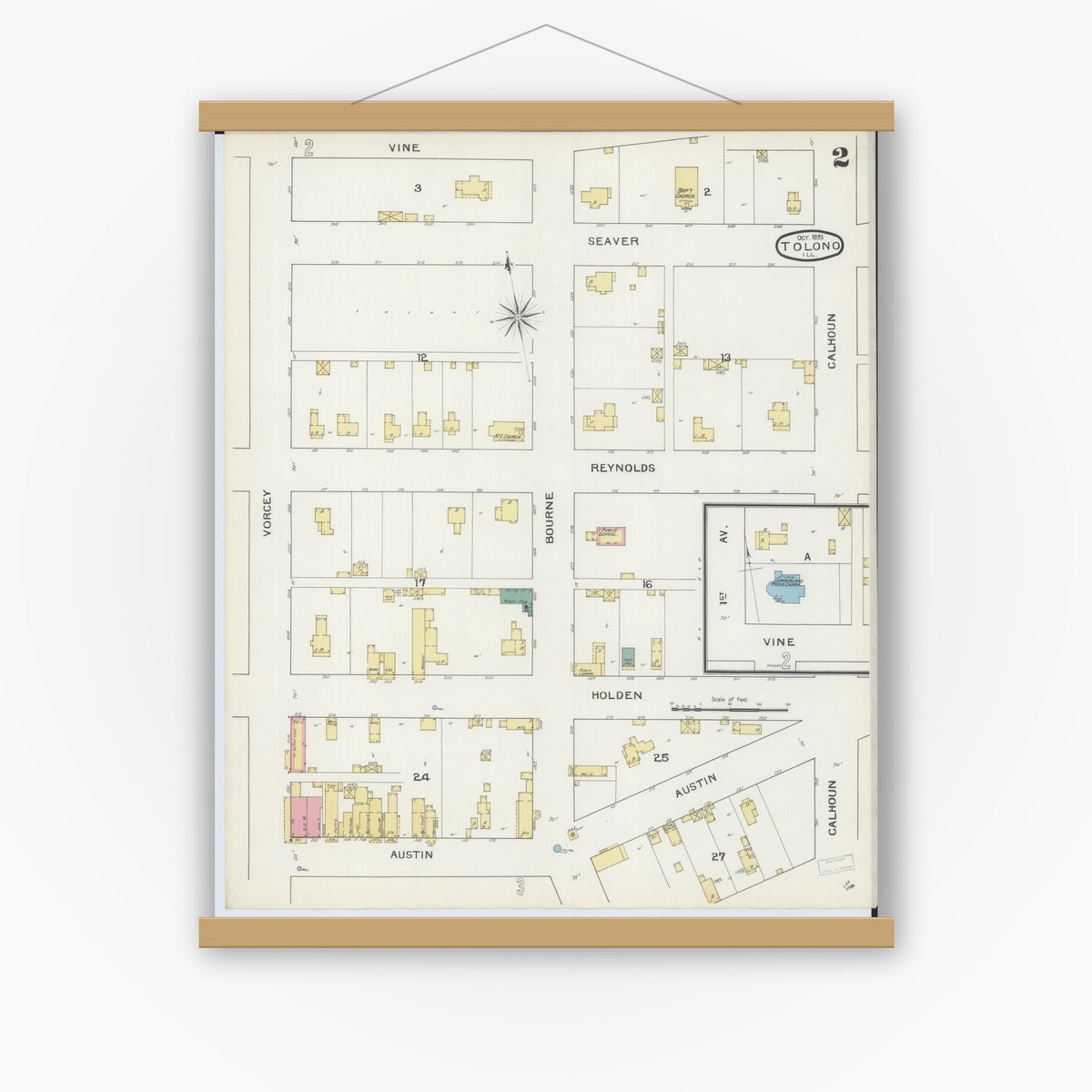 Old map wall art mockup — magnetic wood frame on white wall — Sanborn Fire Insurance Map from Tolono, Champaign County, Illinois (1893), Sheet #0002