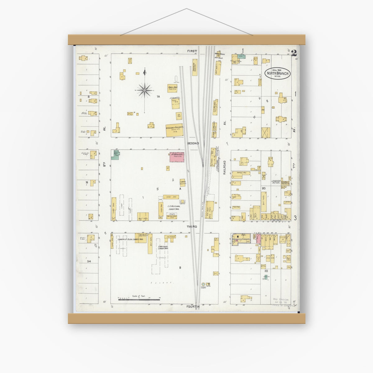 Old map wall art mockup — magnetic wood frame on white wall — Sanborn Fire Insurance Map from North Branch, Chisago County, Minnesota (1904), Sheet #0002