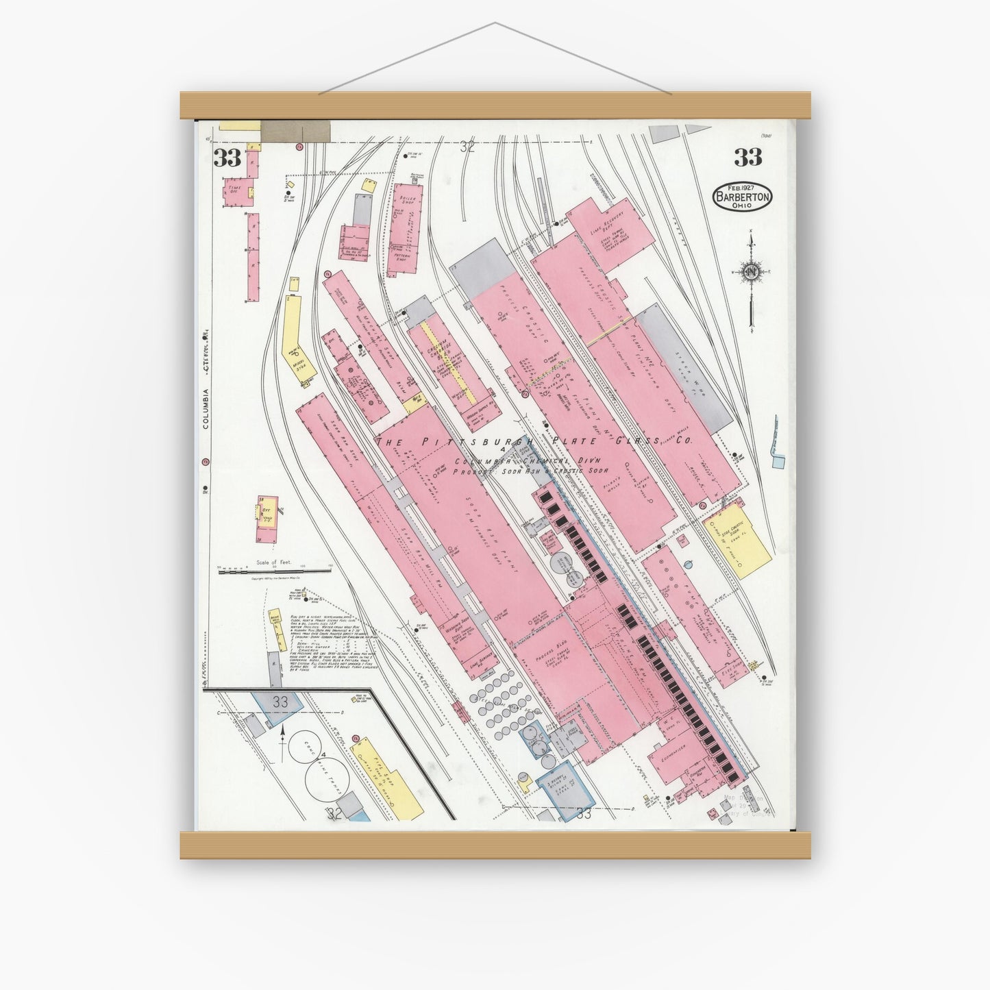 Old map wall art mockup — magnetic wood frame on white wall — Sanborn Fire Insurance Map from Barberton, Summit County, Ohio (1927), Sheet #0033