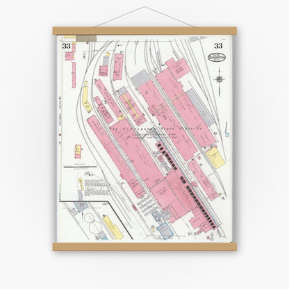 Old map wall art mockup — magnetic wood frame on white wall — Sanborn Fire Insurance Map from Barberton, Summit County, Ohio (1927), Sheet #0033