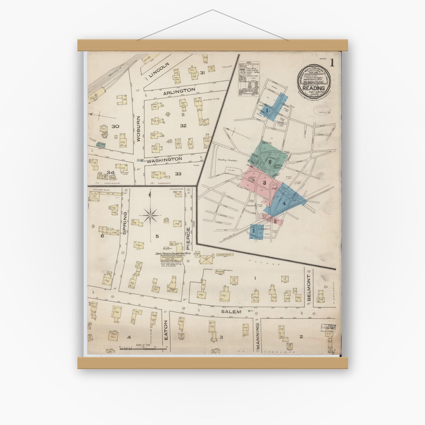 Old map wall art mockup — magnetic wood frame on white wall — Sanborn Fire Insurance Map from Reading, Middlesex County, Massachusetts (1885) - Complete Map Set