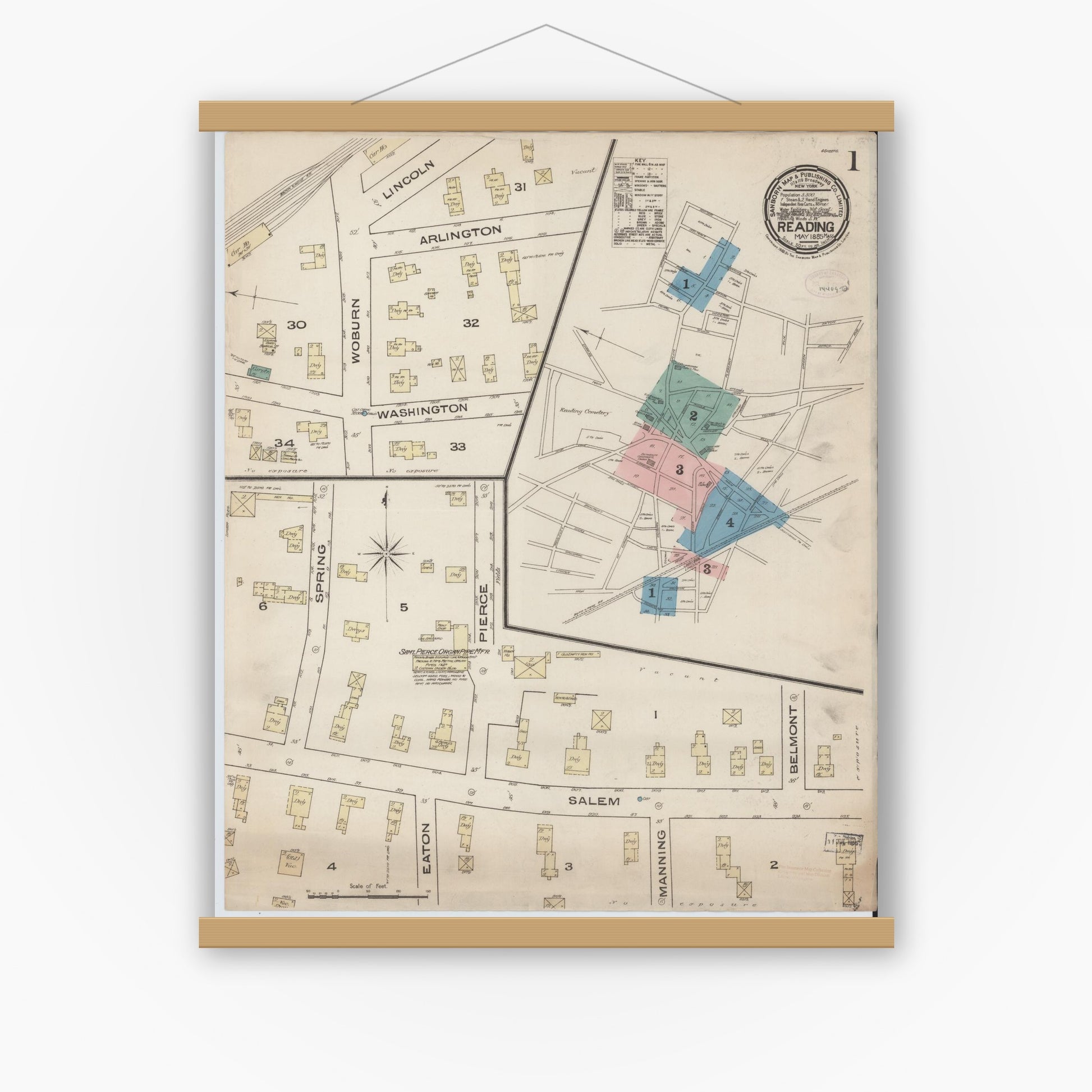 Old map wall art mockup — magnetic wood frame on white wall — Sanborn Fire Insurance Map from Reading, Middlesex County, Massachusetts (1885) - Complete Map Set