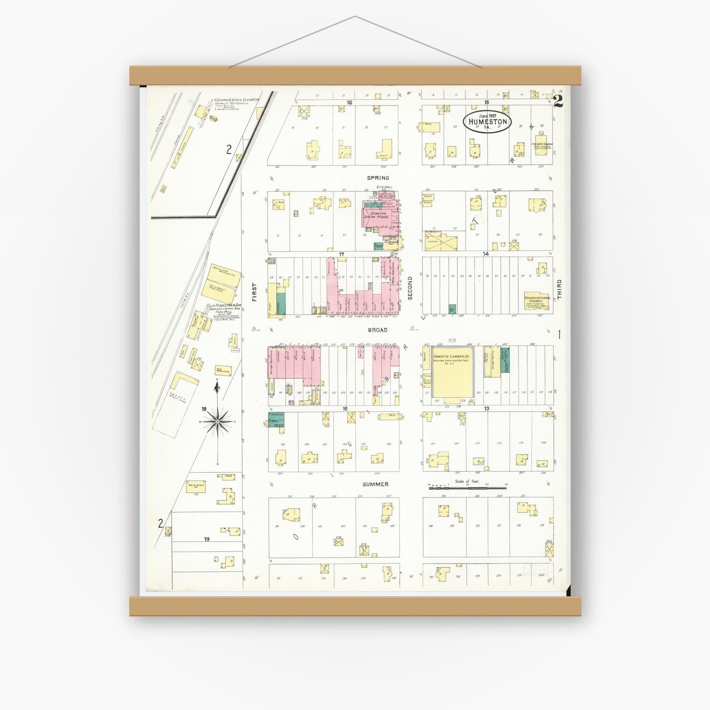 Old map wall art mockup — magnetic wood frame on white wall — Sanborn Fire Insurance Map from Humeston, Wayne County, Iowa (1907), Sheet #0002