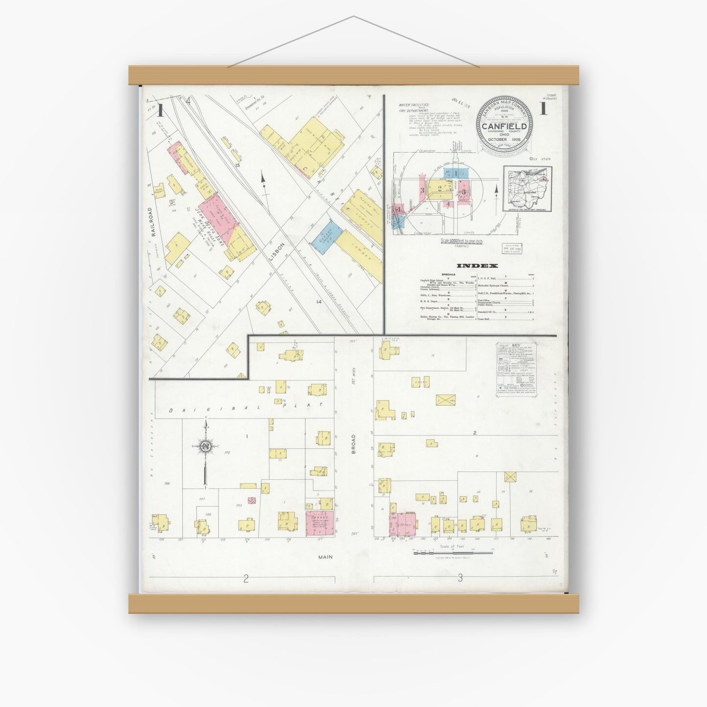 Old map wall art mockup — magnetic wood frame on white wall — Sanborn Fire Insurance Map from Canfield, Mahoning County, Ohio (1928) - Complete Map Set