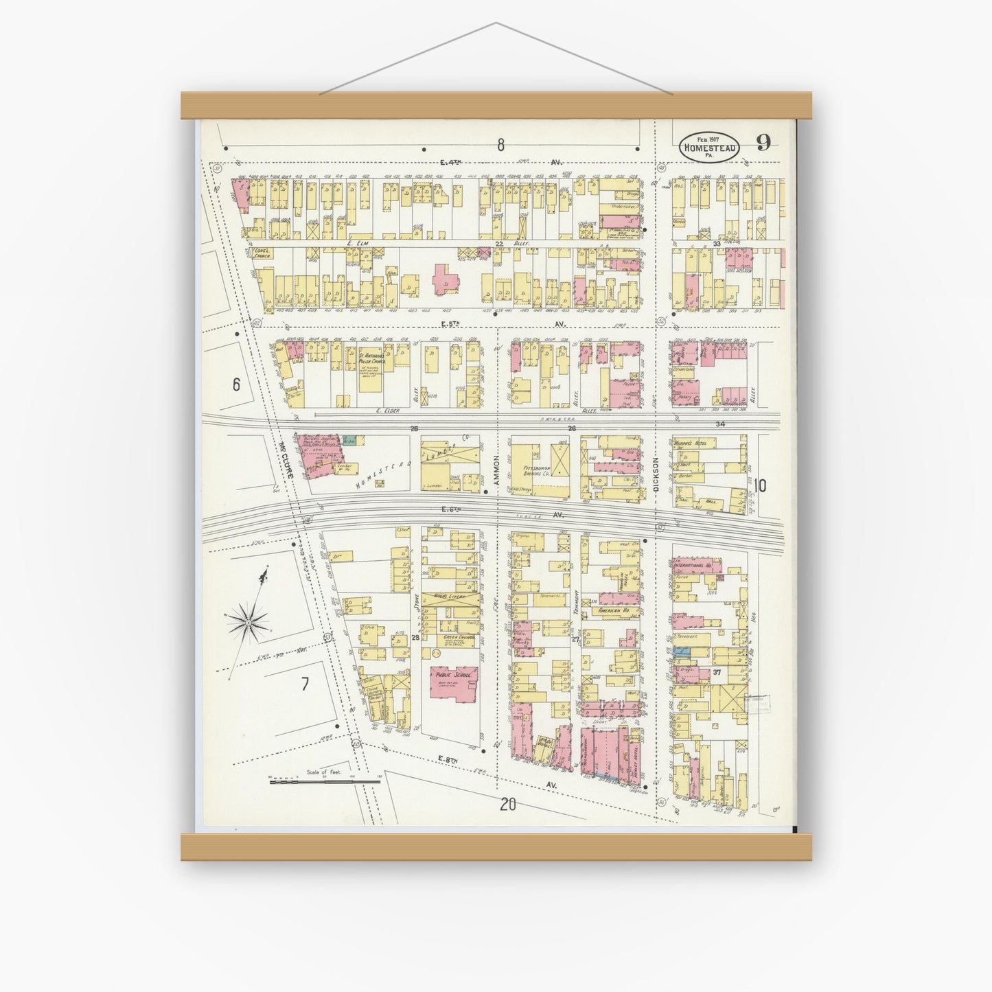 Old map wall art mockup — magnetic wood frame on white wall — Sanborn Fire Insurance Map from Homestead, Allegheny County, Pennsylvania (1907), Sheet #0009