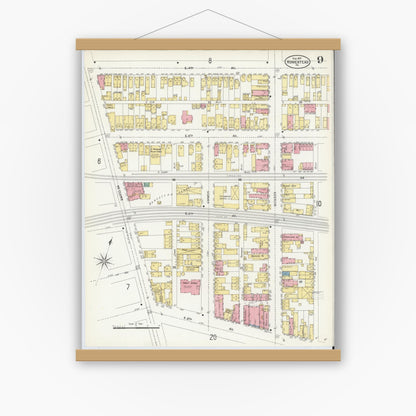 Old map wall art mockup — magnetic wood frame on white wall — Sanborn Fire Insurance Map from Homestead, Allegheny County, Pennsylvania (1907), Sheet #0009