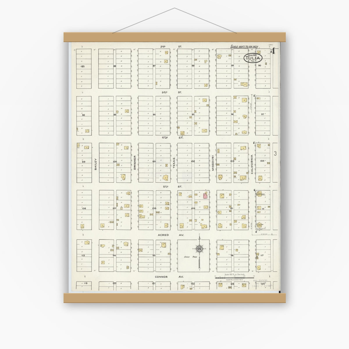 Old map wall art mockup — magnetic wood frame on white wall — Sanborn Fire Insurance Map from Tulia, Swisher County, Texas (1921), Sheet #0004