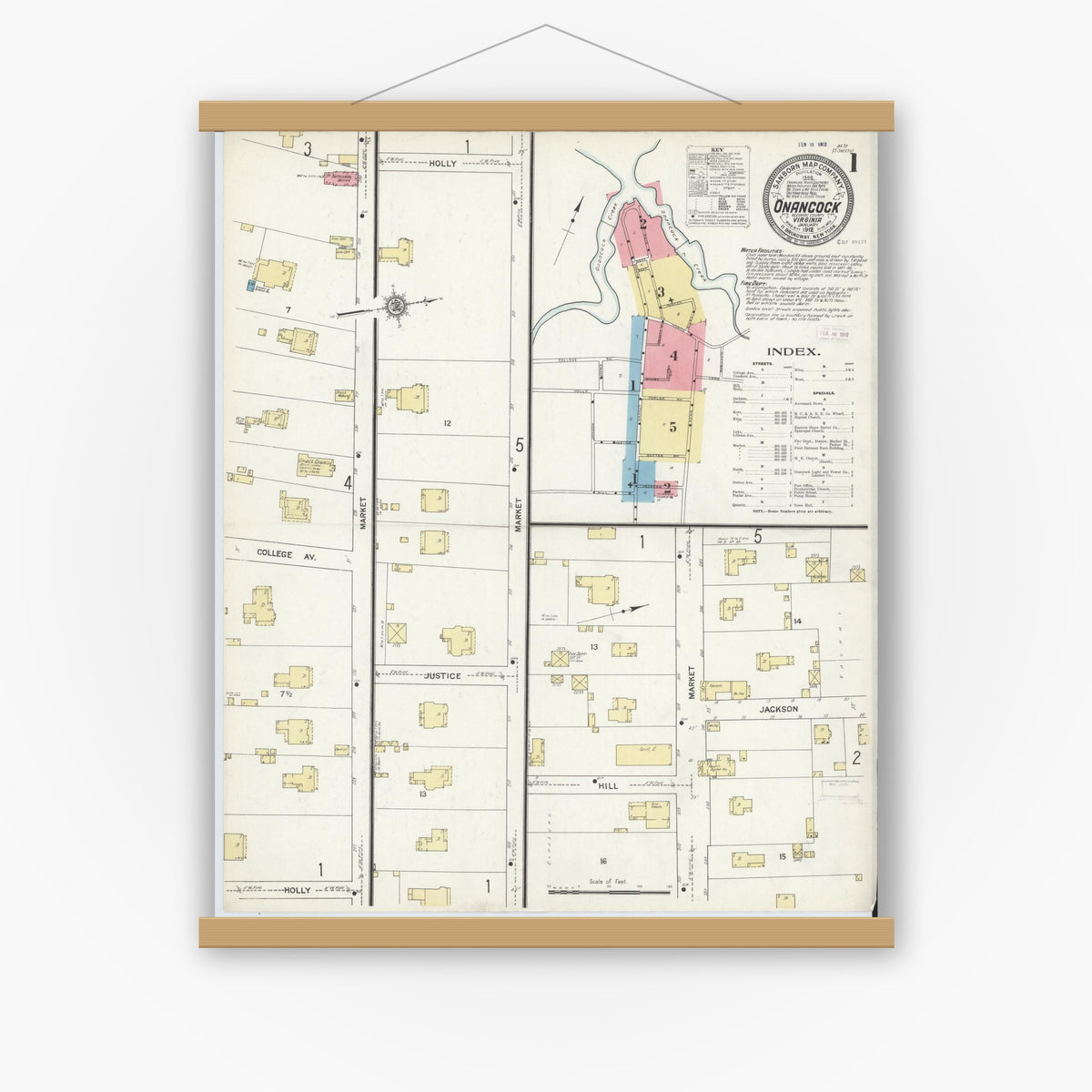 Old map wall art mockup — magnetic wood frame on white wall — Sanborn Fire Insurance Map from Onancock, Accomack County, Virginia (1912), Sheet #0001