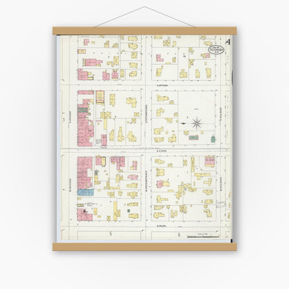 Old map wall art mockup — magnetic wood frame on white wall — Sanborn Fire Insurance Map from Tecumseh, Lenawee County, Michigan (1907), Sheet #0004