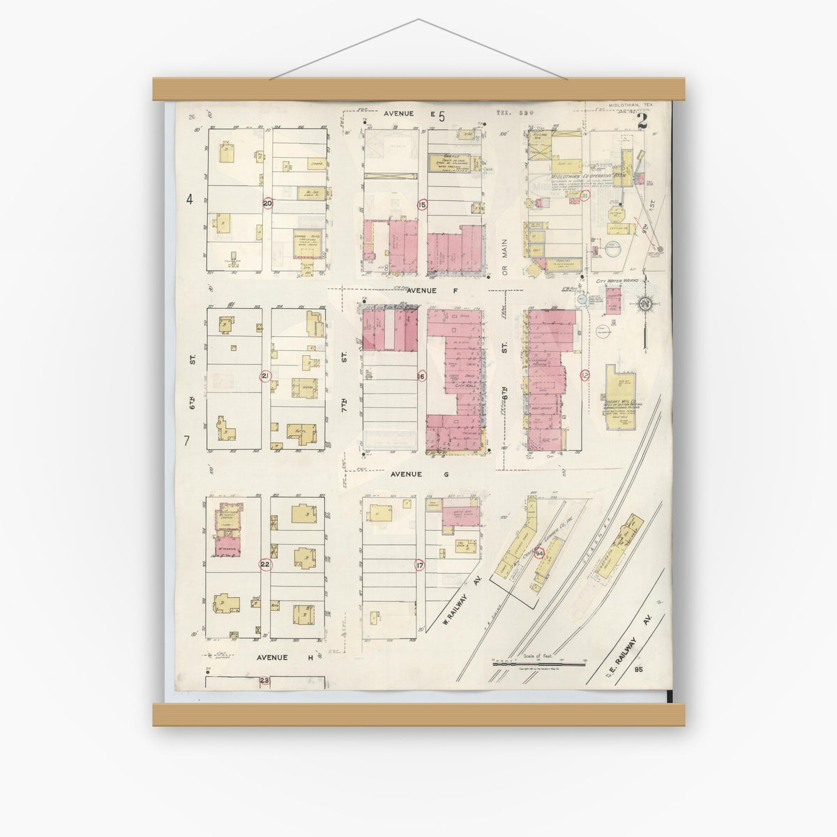 Old map wall art mockup — magnetic wood frame on white wall — Sanborn Fire Insurance Map from Midlothian, Ellis County, Texas (1944), Sheet #0002