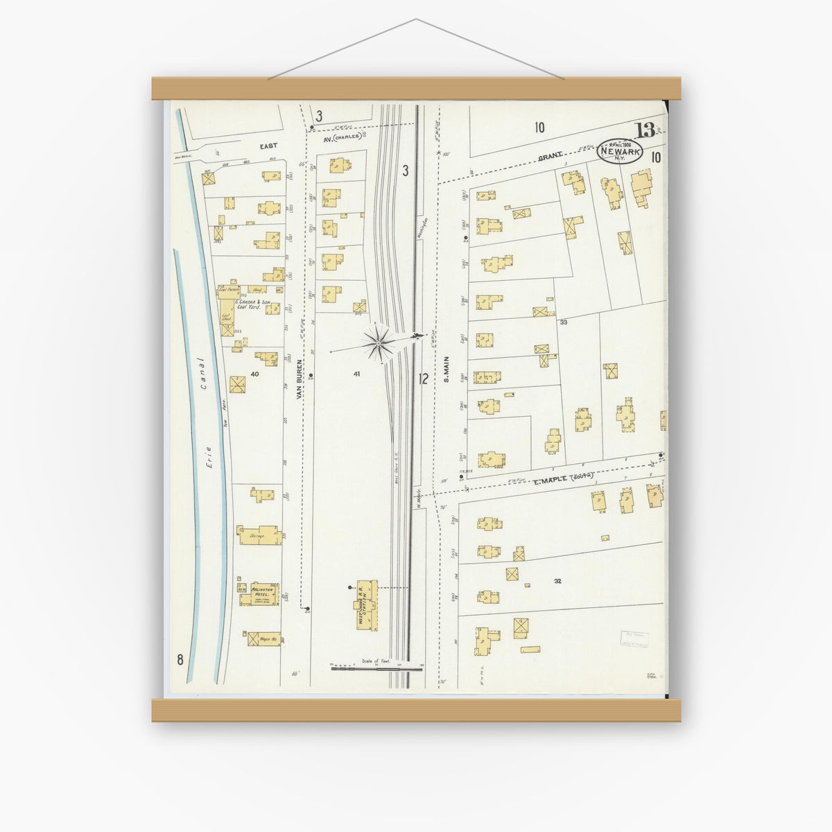 Old map wall art mockup — magnetic wood frame on white wall — Sanborn Fire Insurance Map from Newark, Wayne County, New York (1906), Sheet #0013