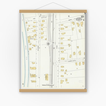 Old map wall art mockup — magnetic wood frame on white wall — Sanborn Fire Insurance Map from Newark, Wayne County, New York (1906), Sheet #0013