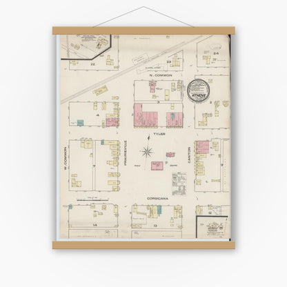 Old map wall art mockup — magnetic wood frame on white wall — Sanborn Fire Insurance Map from Athens, Henderson County, Texas (1885), Sheet #0001