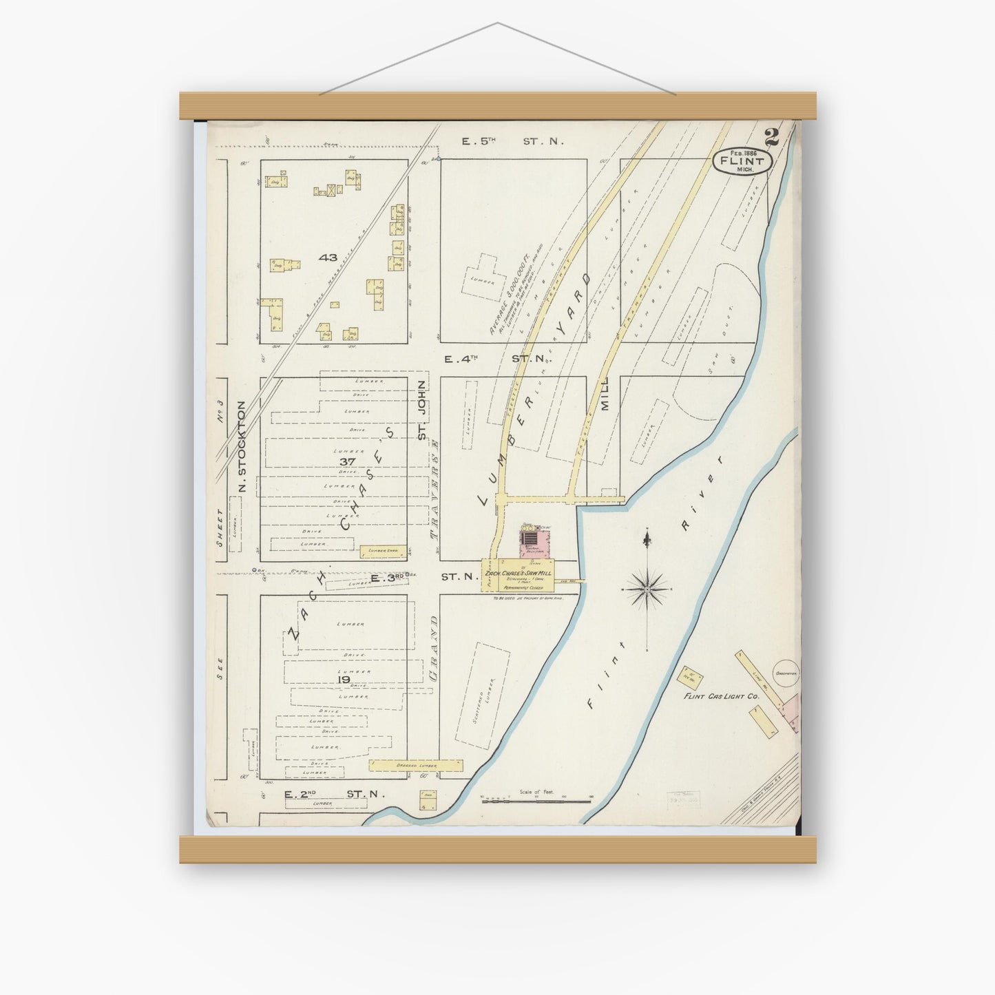 Old map wall art mockup — magnetic wood frame on white wall — Sanborn Fire Insurance Map from Flint, Genesee County, Michigan (1886), Sheet #0002
