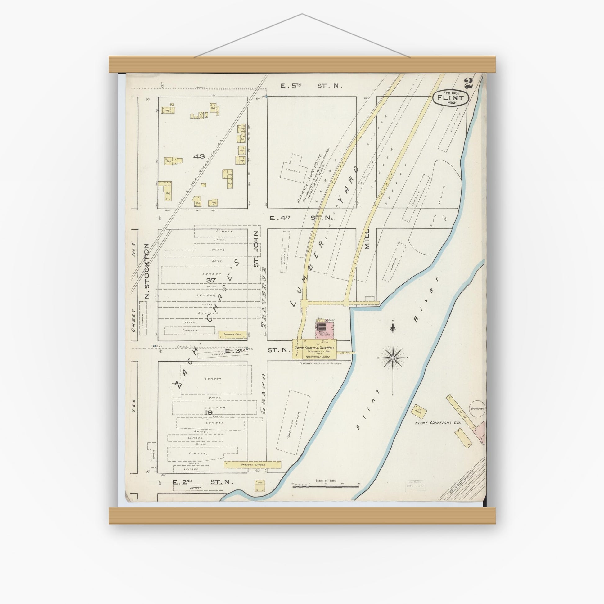 Old map wall art mockup — magnetic wood frame on white wall — Sanborn Fire Insurance Map from Flint, Genesee County, Michigan (1886), Sheet #0002