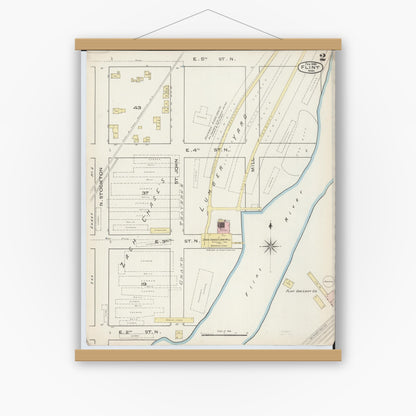 Old map wall art mockup — magnetic wood frame on white wall — Sanborn Fire Insurance Map from Flint, Genesee County, Michigan (1886), Sheet #0002