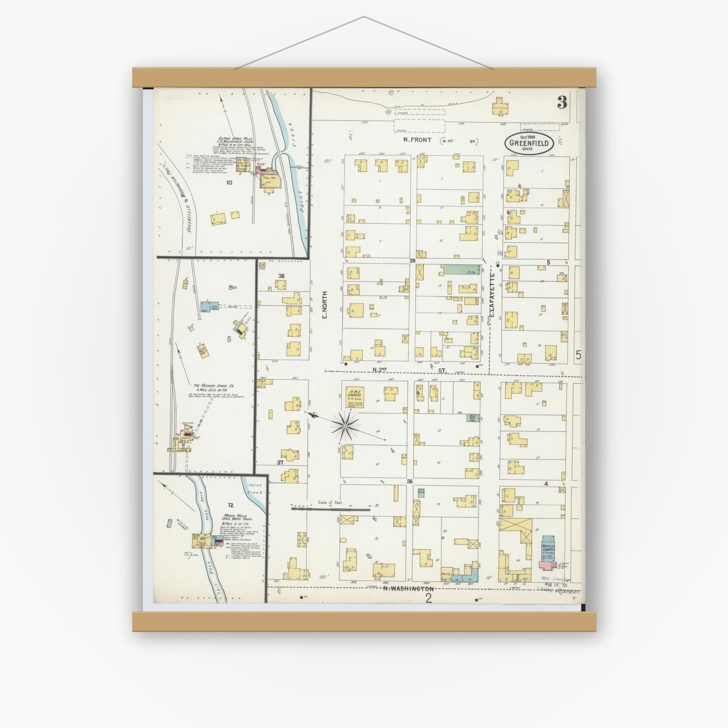Old map wall art mockup — magnetic wood frame on white wall — Sanborn Fire Insurance Map from Greenfield, Highland County, Ohio (1899), Sheet #0003