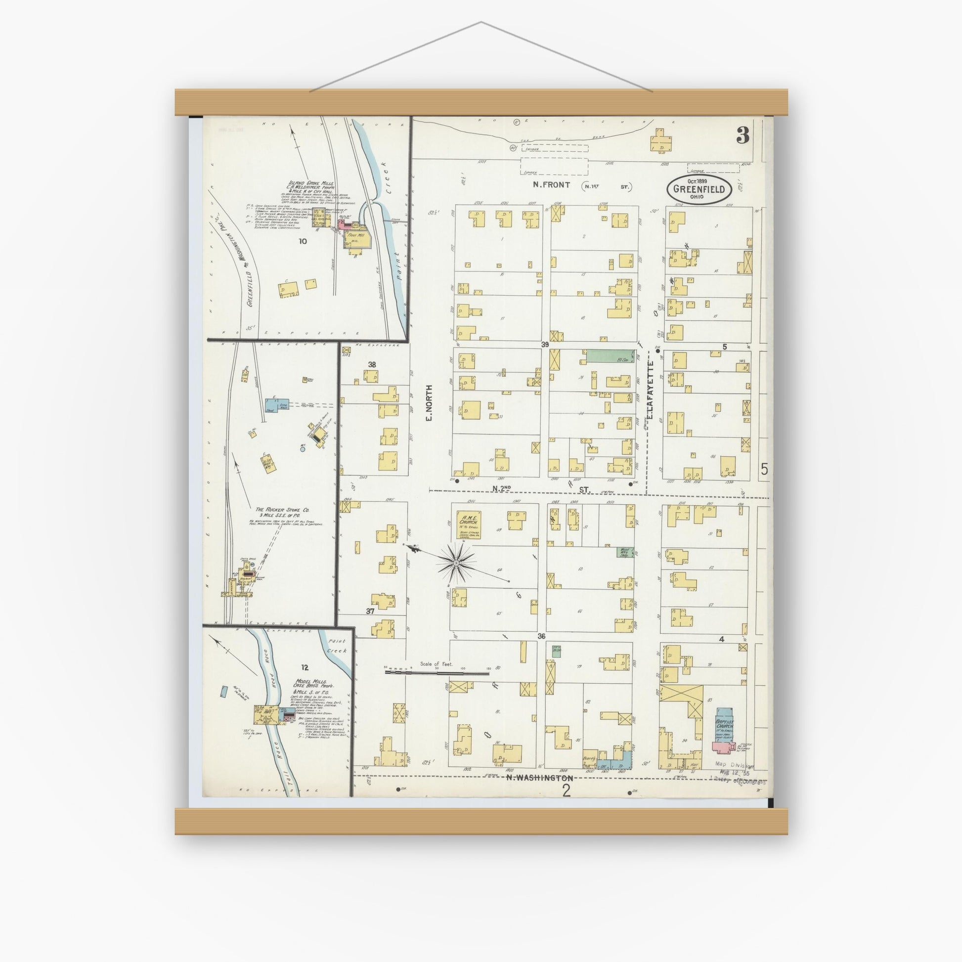 Old map wall art mockup — magnetic wood frame on white wall — Sanborn Fire Insurance Map from Greenfield, Highland County, Ohio (1899), Sheet #0003