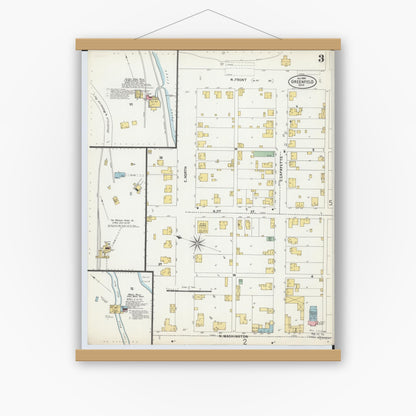 Old map wall art mockup — magnetic wood frame on white wall — Sanborn Fire Insurance Map from Greenfield, Highland County, Ohio (1899), Sheet #0003