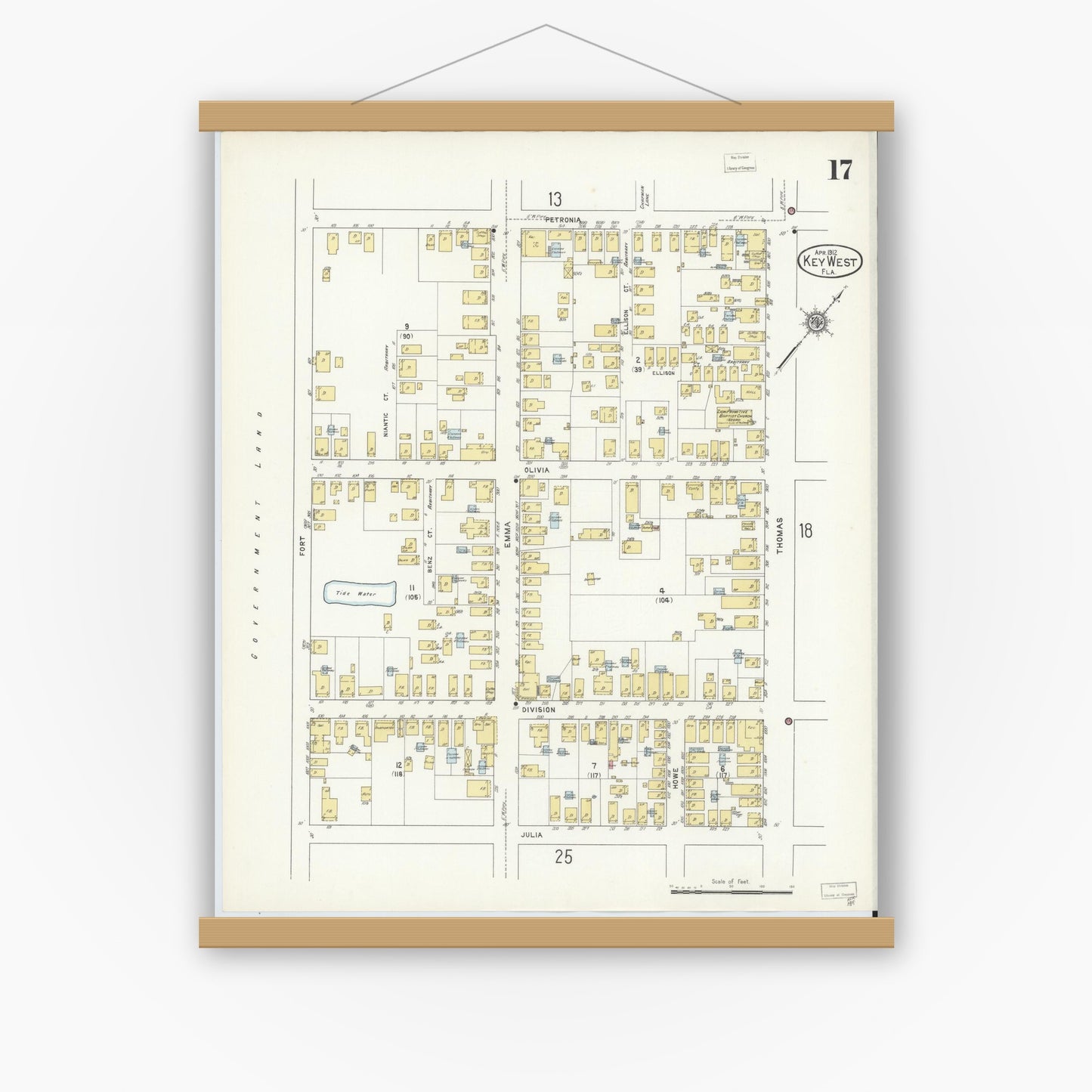 Old map wall art mockup — magnetic wood frame on white wall — Sanborn Fire Insurance Map from Key West, Monroe County, Florida (1912), Sheet #0017