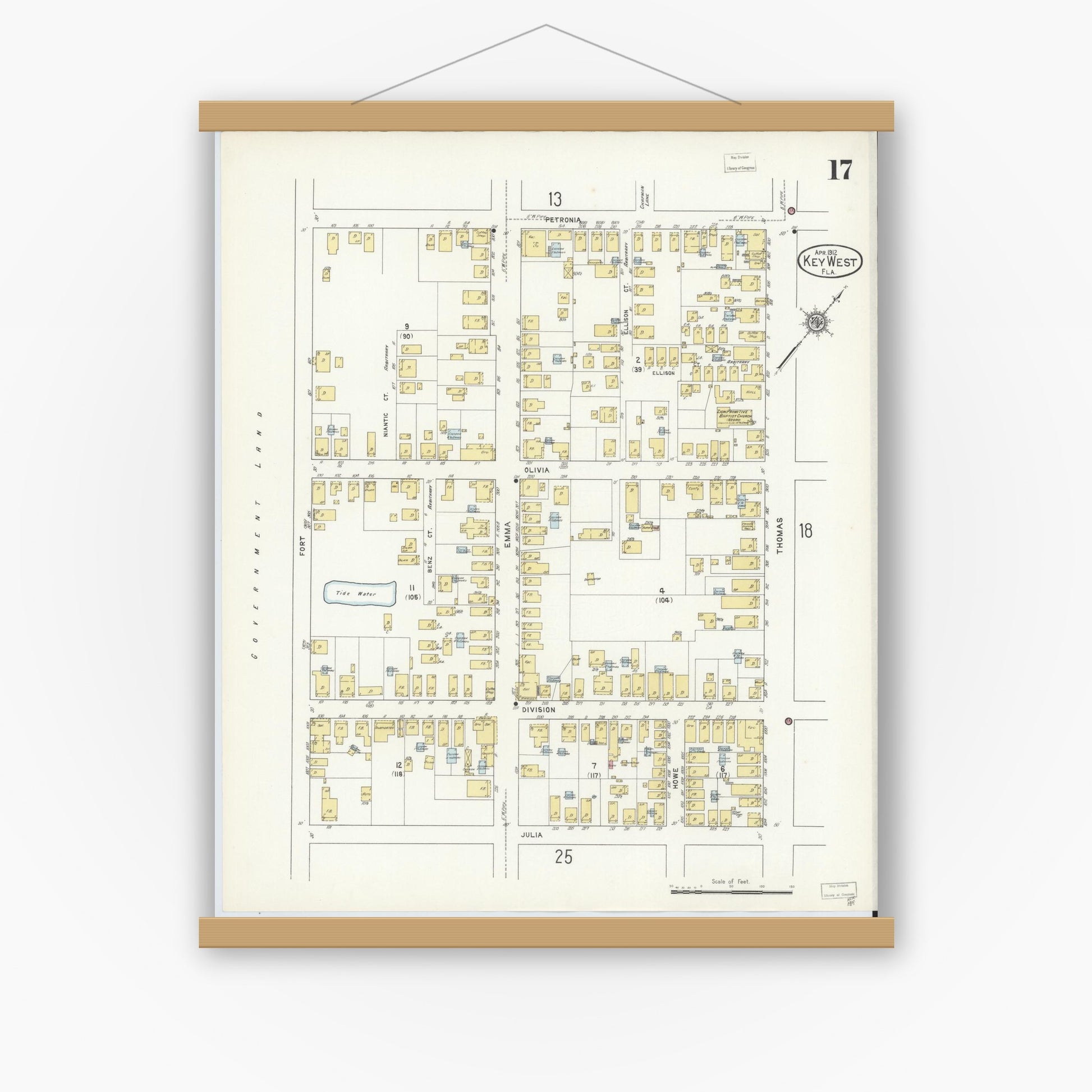 Old map wall art mockup — magnetic wood frame on white wall — Sanborn Fire Insurance Map from Key West, Monroe County, Florida (1912), Sheet #0017
