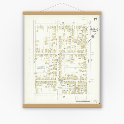 Old map wall art mockup — magnetic wood frame on white wall — Sanborn Fire Insurance Map from Key West, Monroe County, Florida (1912), Sheet #0017