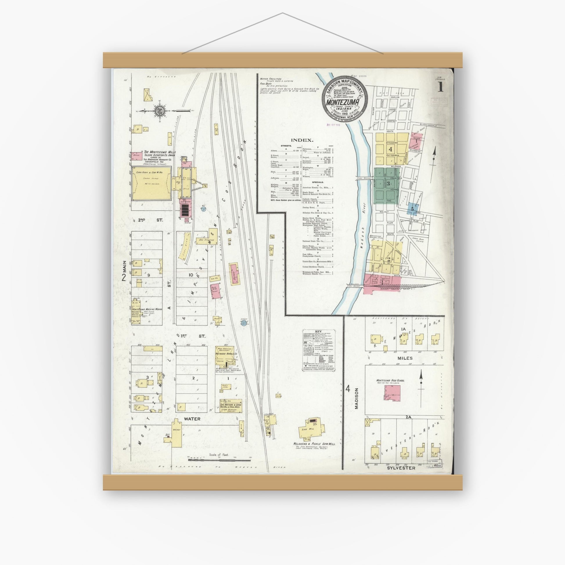 Old map wall art mockup — magnetic wood frame on white wall — Sanborn Fire Insurance Map from Montezuma, Parke County, Indiana (1910) - Complete Map Set