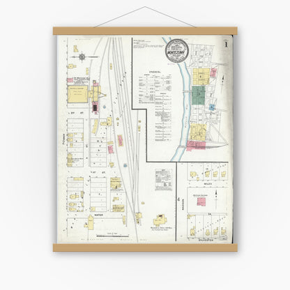 Old map wall art mockup — magnetic wood frame on white wall — Sanborn Fire Insurance Map from Montezuma, Parke County, Indiana (1910) - Complete Map Set