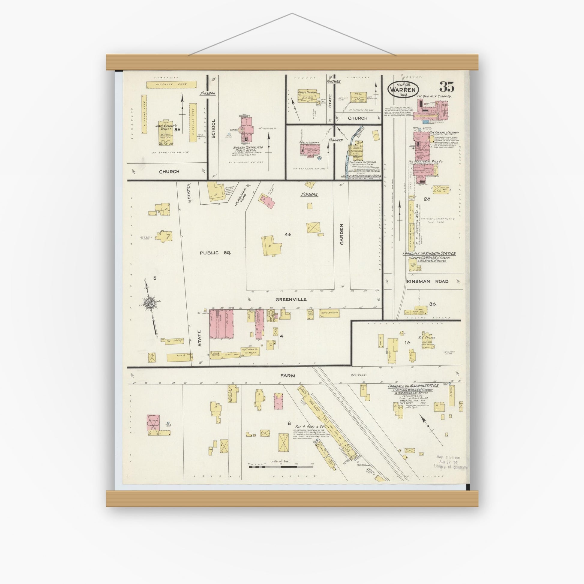 Old map wall art mockup — magnetic wood frame on white wall — Sanborn Fire Insurance Map from Warren, Trumbull County, Ohio (1915), Sheet #0035