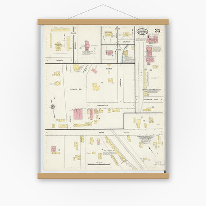 Old map wall art mockup — magnetic wood frame on white wall — Sanborn Fire Insurance Map from Warren, Trumbull County, Ohio (1915), Sheet #0035