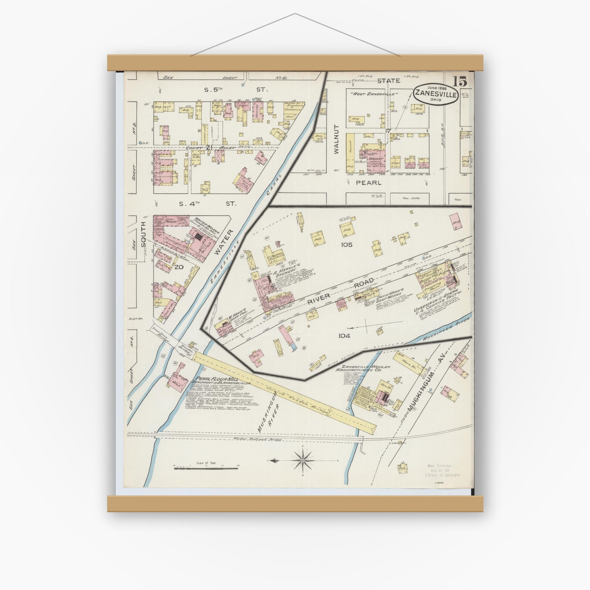 Old map wall art mockup — magnetic wood frame on white wall — Sanborn Fire Insurance Map from Zanesville, Muskingum County, Ohio (1886), Sheet #0015