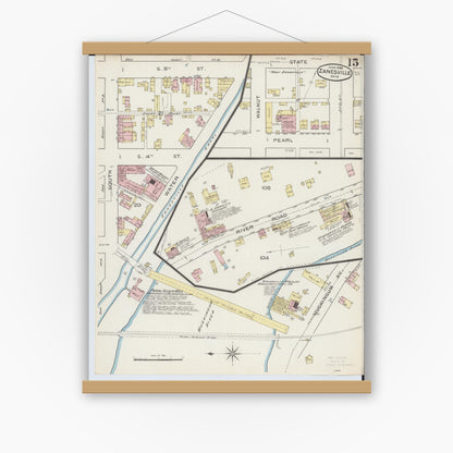 Old map wall art mockup — magnetic wood frame on white wall — Sanborn Fire Insurance Map from Zanesville, Muskingum County, Ohio (1886), Sheet #0015
