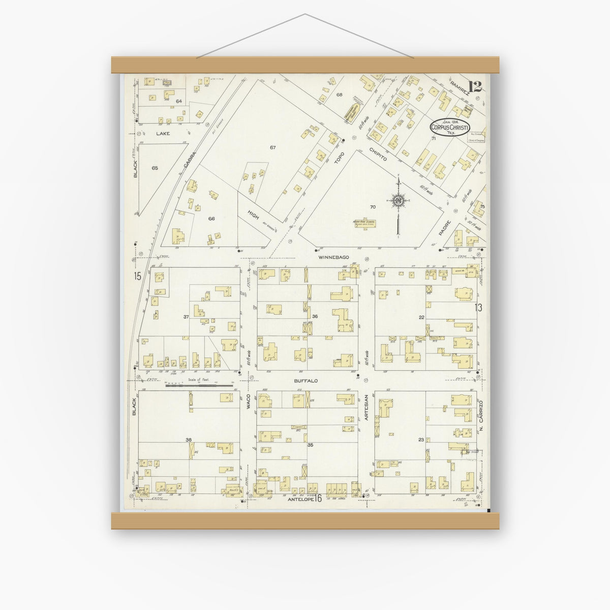 Old map wall art mockup — magnetic wood frame on white wall — Sanborn Fire Insurance Map from Corpus Christi, Nueces County, Texas (1914), Sheet #0012