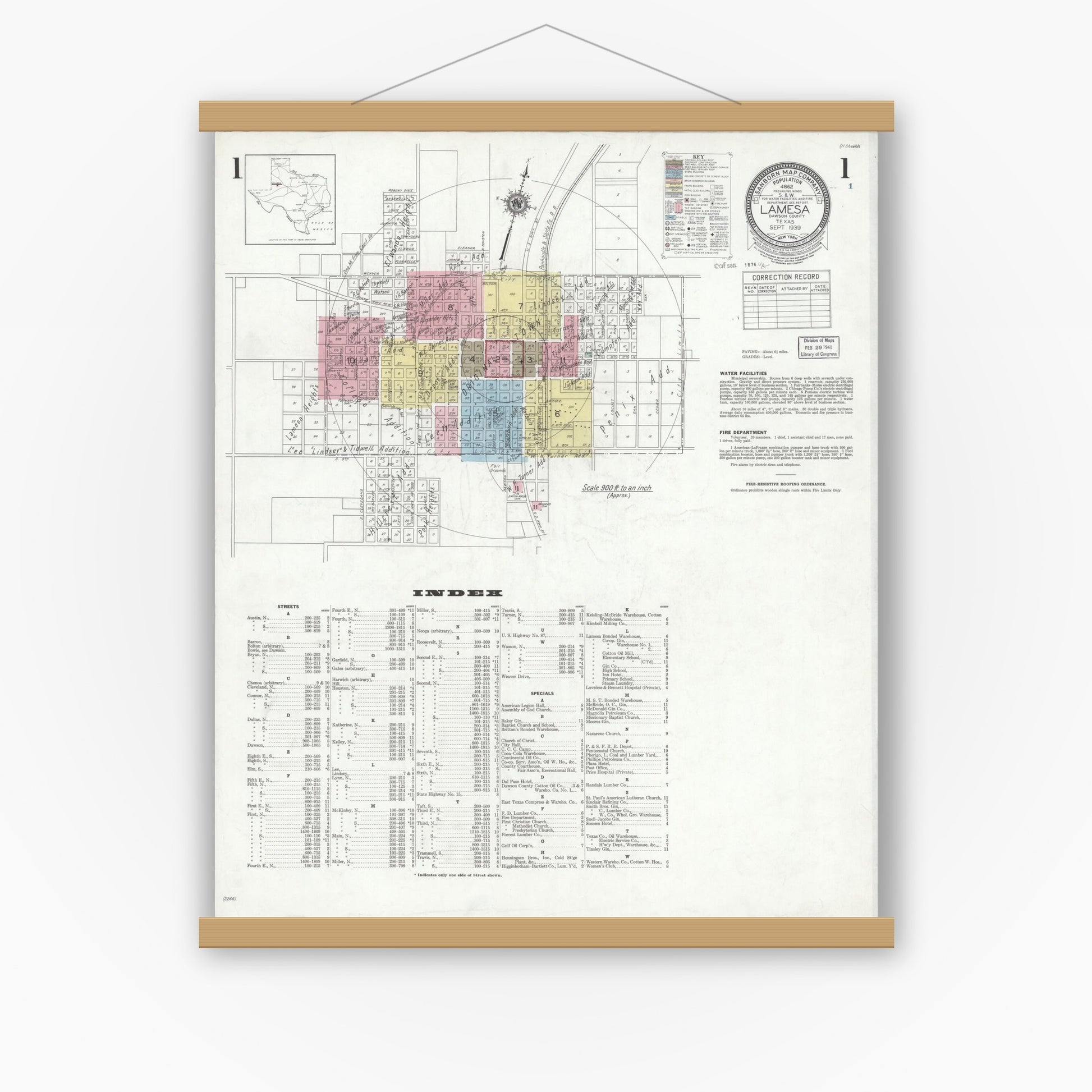 Old map wall art mockup — magnetic wood frame on white wall — Sanborn Fire Insurance Map from Lamesa, Dawson County, Texas (1939), Sheet #0001