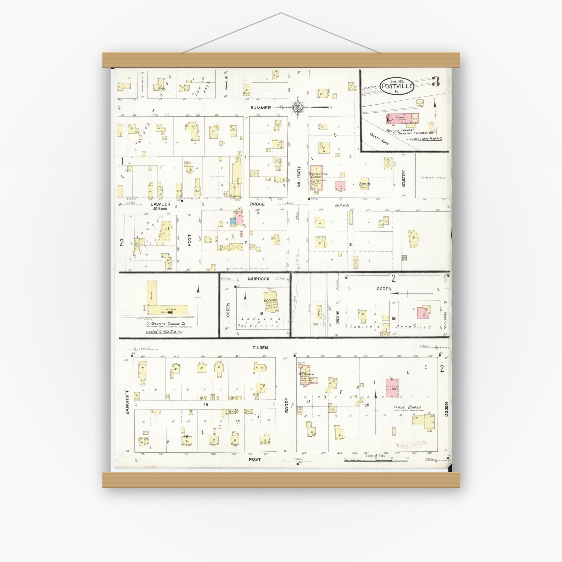 Old map wall art mockup — magnetic wood frame on white wall — Sanborn Fire Insurance Map from Postville, Allamakee County, Iowa (1913), Sheet #0003